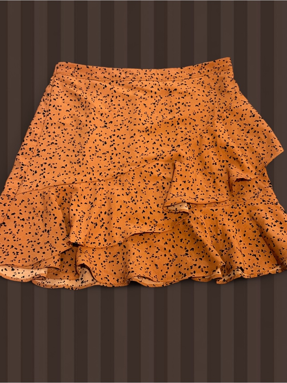 Altar'd State Orange Ruffle Skirt with Black Speckle Print